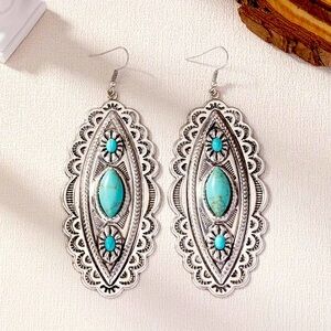 Exaggerated Carved Dangle Earrings with Natural Turquoise Inlay